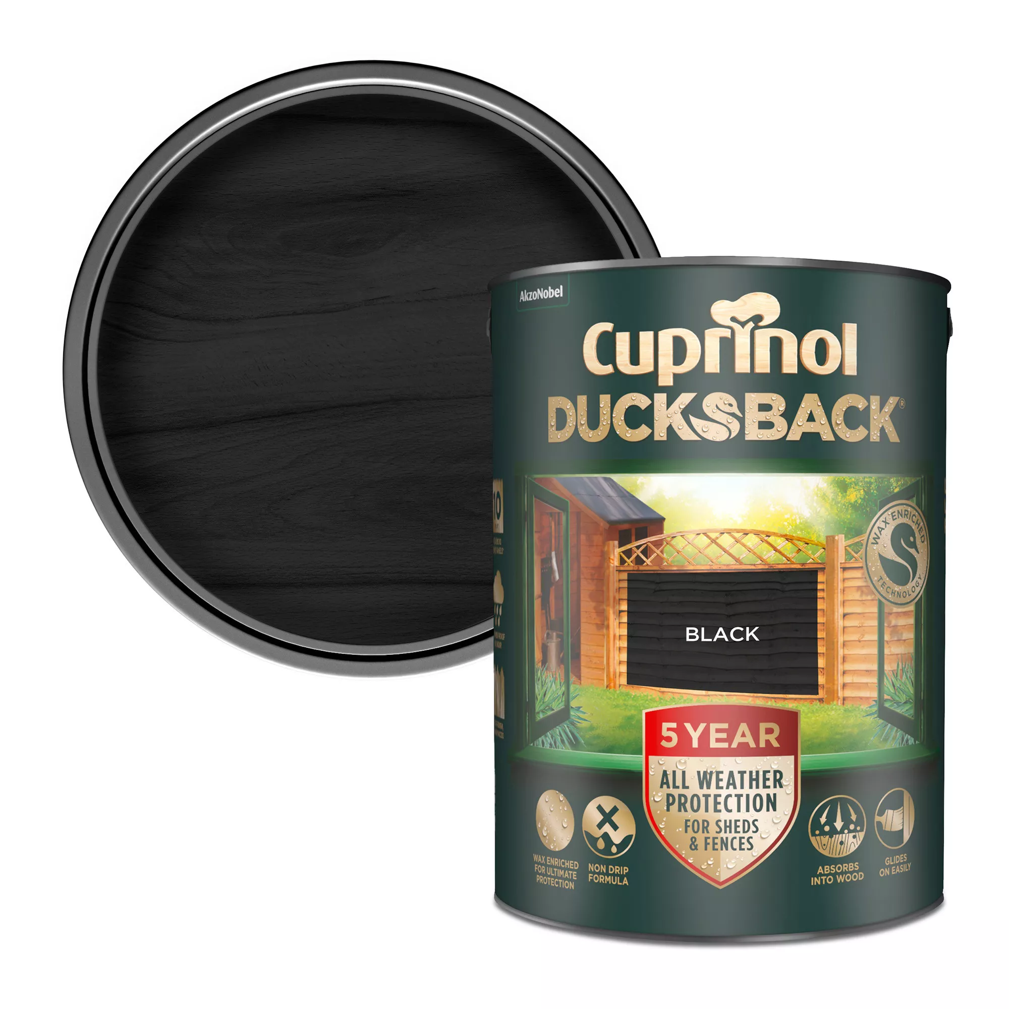 Cuprinol 5 Year Ducksback Black Matt Fence & Shed Treatment, 5L