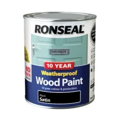 Ronseal 10 Year Weatherproof Wood Paint Black Satin Exterior Wood Paint, 750ml Tin