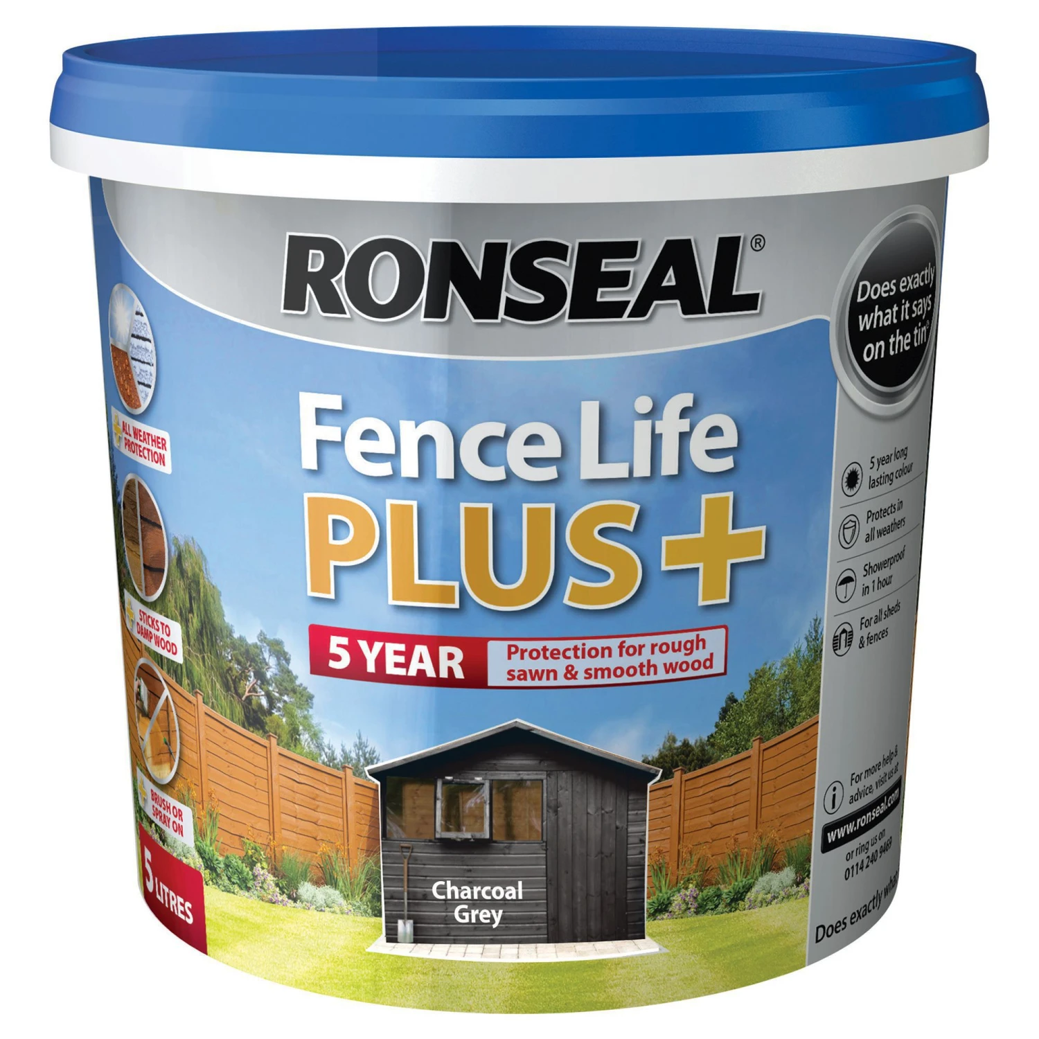Ronseal Fence Life Plus Charcoal Grey Matt Fence & Shed Treatment, 5L